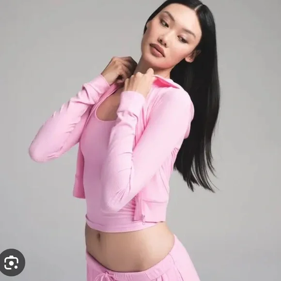 NWT Skims Soft lounge zip up hoodie ribbed new bubblegum pink - Picture 2 of 7